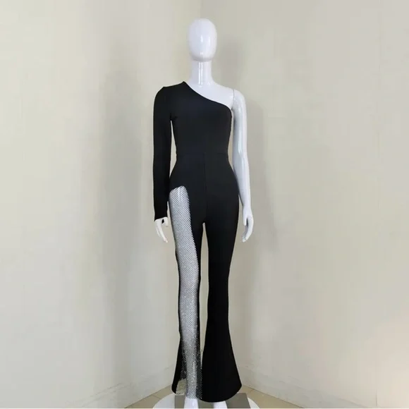 One shoulder mesh rhinestone jumpsuit - Picture 4 of 13